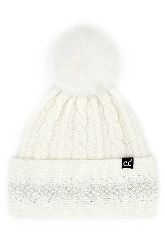 C.C Pearl Rhinestone Embellishment Beanie with Fur Pom
