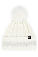 C.C Pearl Rhinestone Embellishment Beanie with Fur Pom