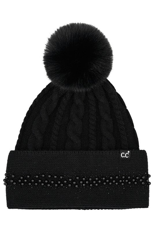 C.C Pearl Rhinestone Embellishment Beanie with Fur Pom