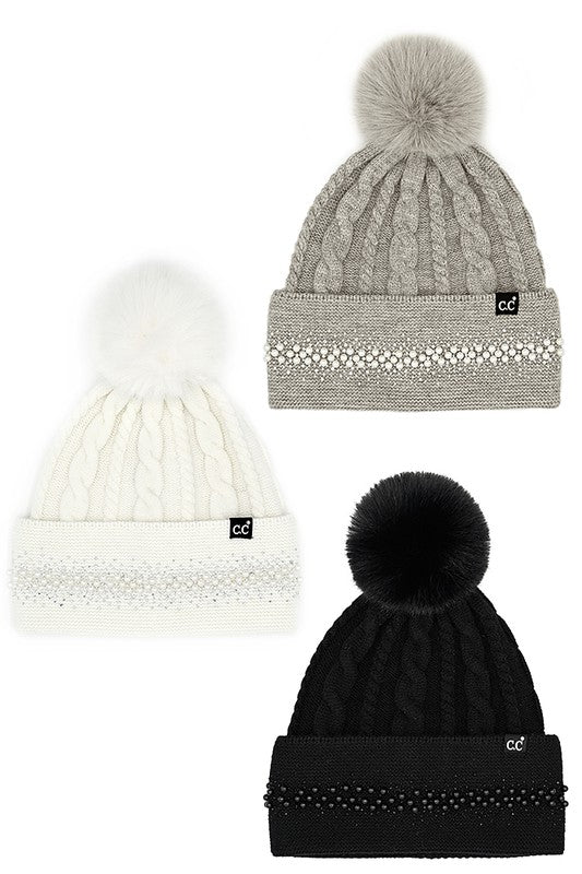 C.C Pearl Rhinestone Embellishment Beanie with Fur Pom