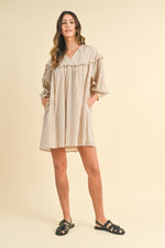 AnnieWear Striped Ruffle Detail Loose Fit Mini Dress