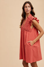 AnnieWear Popcorn Smocked Babydoll Mini Dress