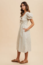 AnnieWear Stripe Front Bow Detail Smocking Midi Dress