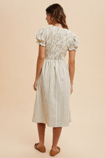 AnnieWear Stripe Front Bow Detail Smocking Midi Dress