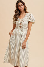AnnieWear Stripe Front Bow Detail Smocking Midi Dress