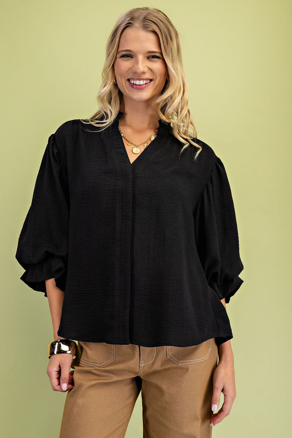 GiGiO 3/4 Length Gathered Balloon Sleeve Blouse