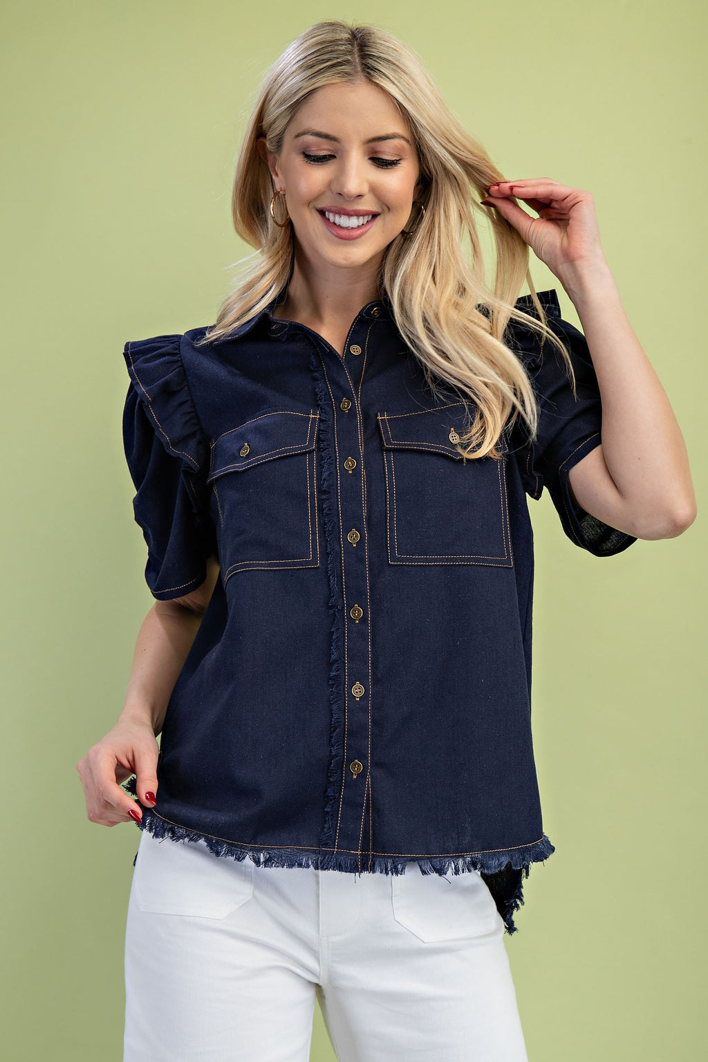 GiGiO Ruffled Gathered Sleeve Button Up Shirt