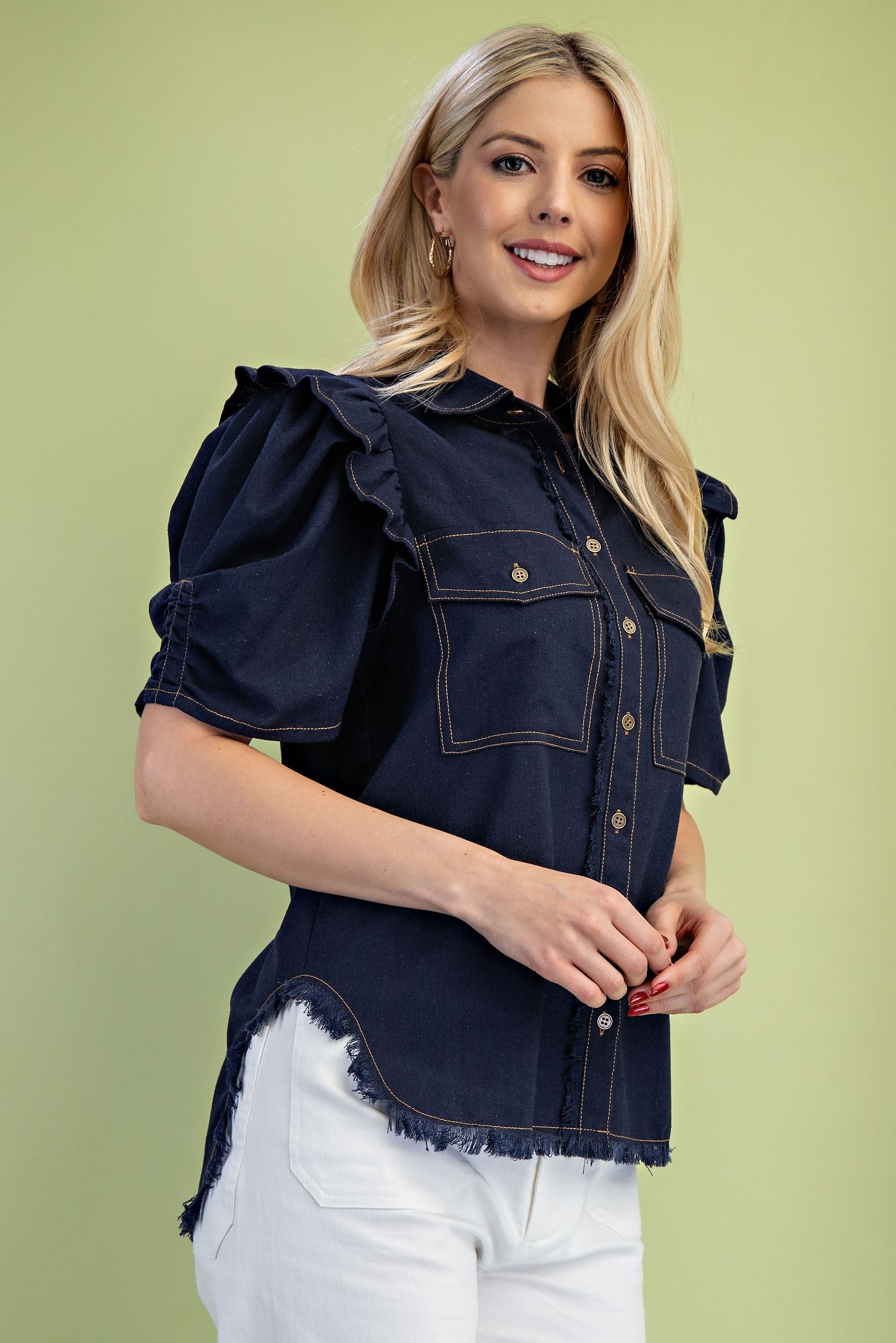 GiGiO Ruffled Gathered Sleeve Button Up Shirt