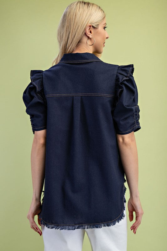 GiGiO Ruffled Gathered Sleeve Button Up Shirt