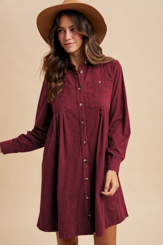 AnnieWear Corduroy Pintuck Mini Shirt Dress