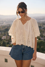 AnnieWear Floral Eyelet Scalloped Blouse