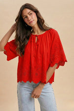 AnnieWear Floral Eyelet Scalloped Blouse