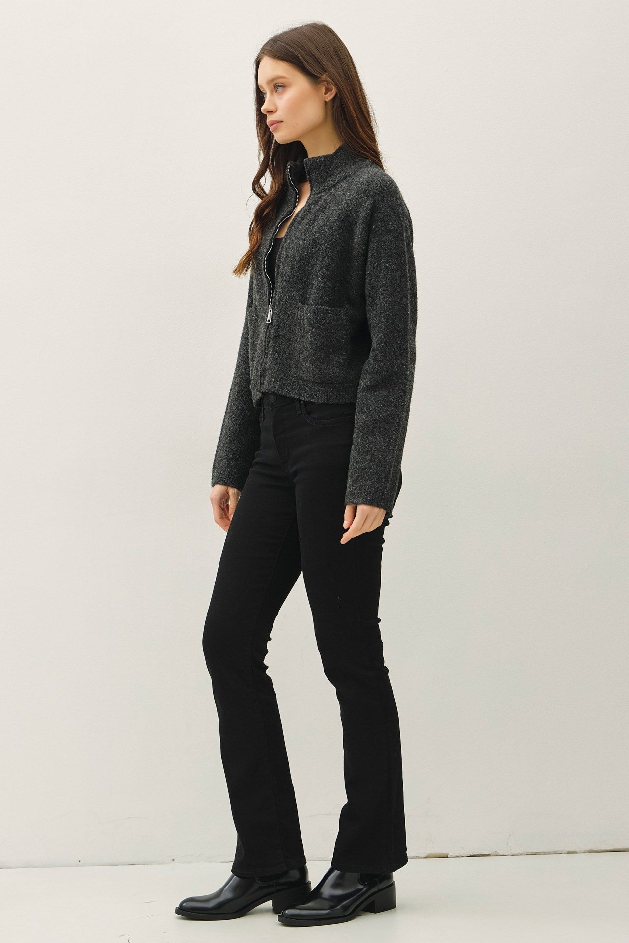 Wool Blended Zip Up Cropped Sweater Jacket