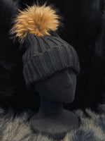 Knitted Beanie with Detachable Fur Pom-Pom
