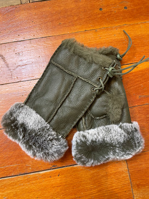Shearling Lined Leather Fingerless Gloves With Rabbit Fur Trim