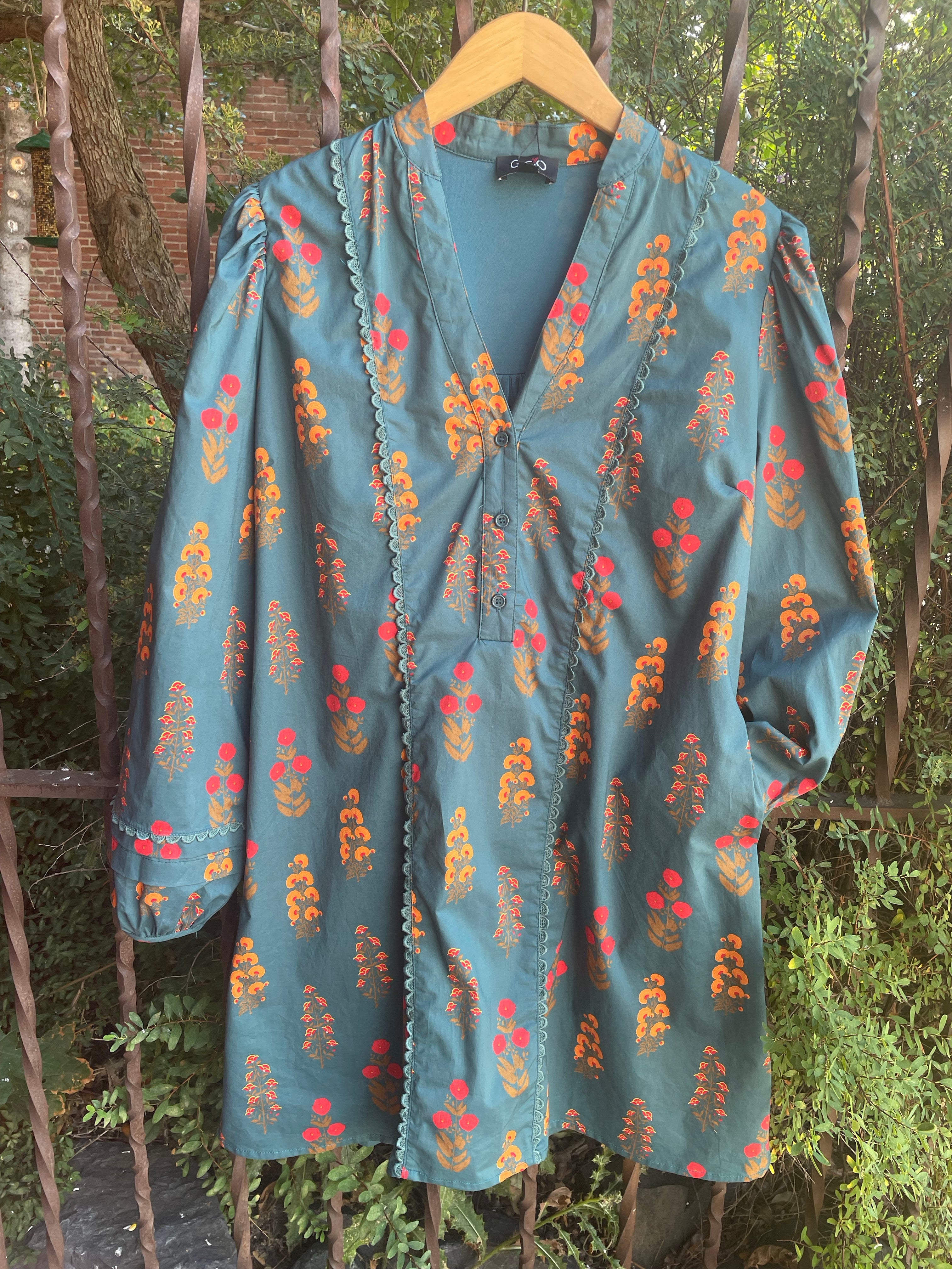 Gigio Teal Floral Dress with Balloon Sleeves and Ric-Rac
