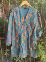 Gigio Teal Floral Dress with Balloon Sleeves and Ric-Rac