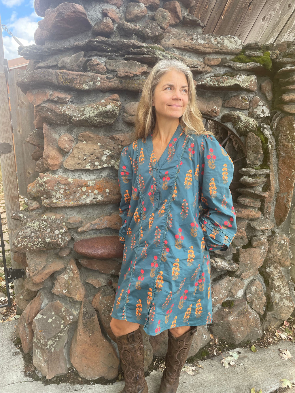 Gigio Teal Floral Dress with Balloon Sleeves and Ric-Rac