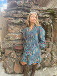 Gigio Teal Floral Dress with Balloon Sleeves and Ric-Rac