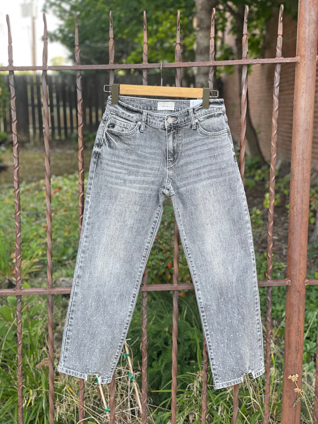 KanCan Mid Rise Cropped Straight Jeans in Grey with SPARKLES