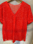 Patterned Ruffled Sleeve V Neck Top in Tomato Red