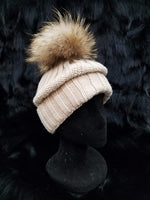 Knitted Beanie with Detachable Fur Pom-Pom