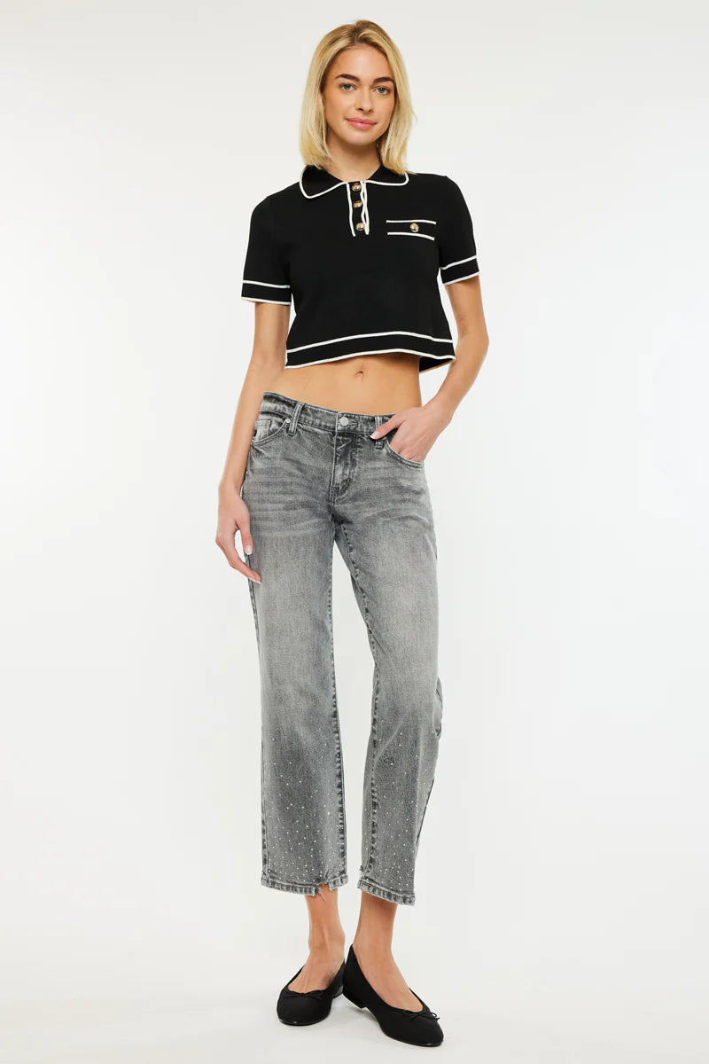 KanCan Mid Rise Cropped Straight Jeans in Grey with SPARKLES