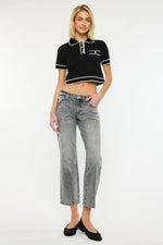 KanCan Mid Rise Cropped Straight Jeans in Grey with SPARKLES