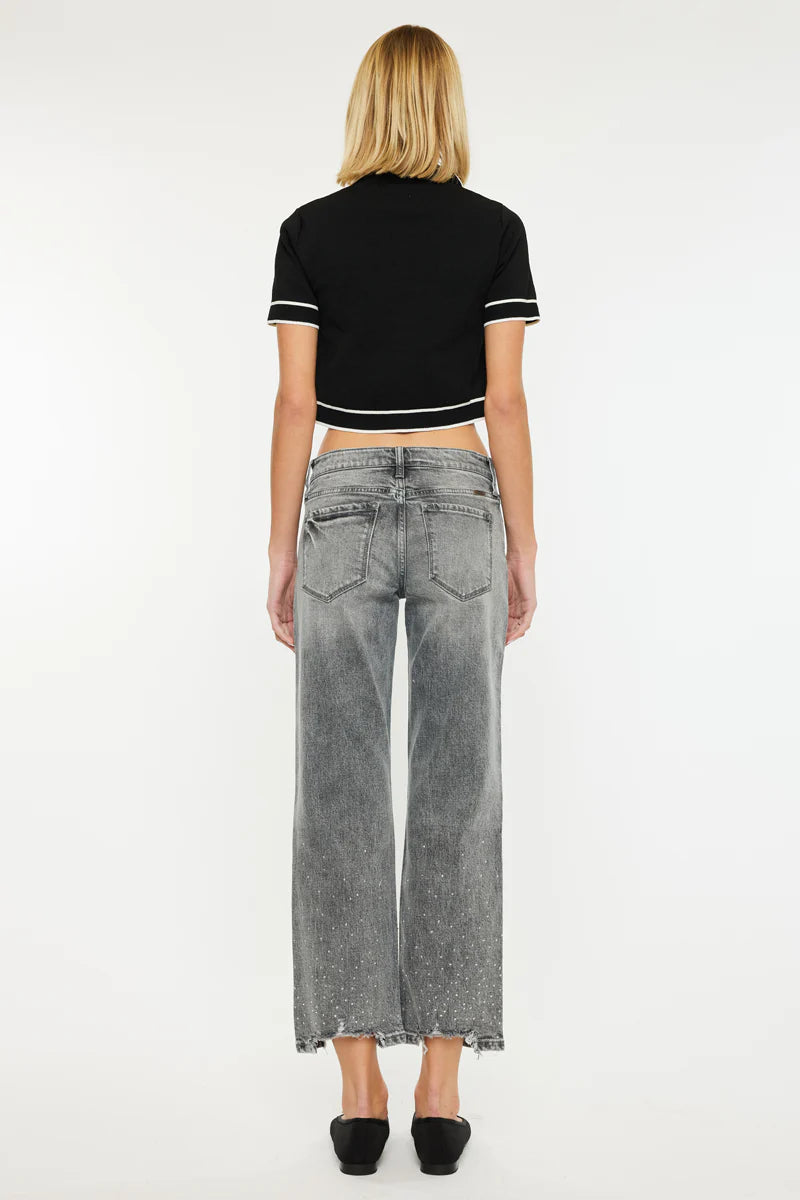 KanCan Mid Rise Cropped Straight Jeans in Grey with SPARKLES