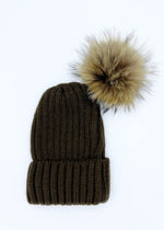 Knitted Beanie with Detachable Fur Pom-Pom