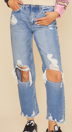 AnnieWear High Rise Distressed Crop Straight Rigid Jeans