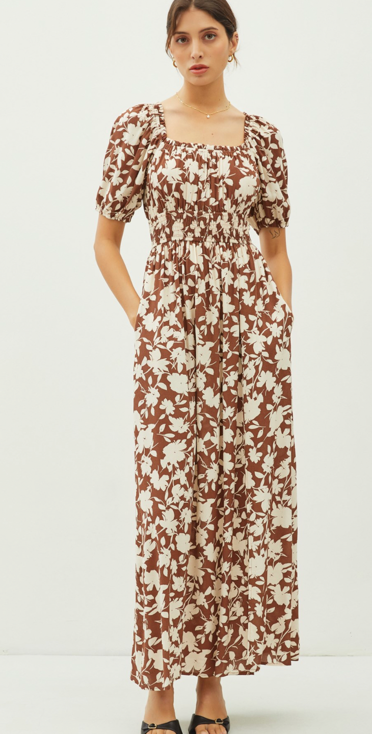 Be Cool Floral Print Milkmaid Shirred Maxi Dress