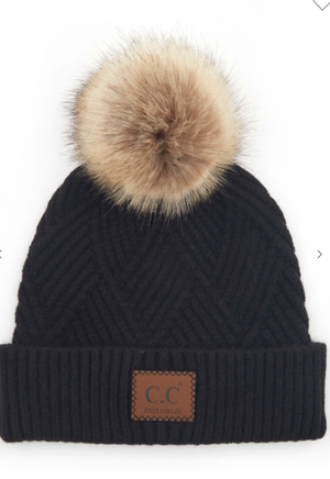 C.C Heather Beanie Pom Hat with Suede Patch