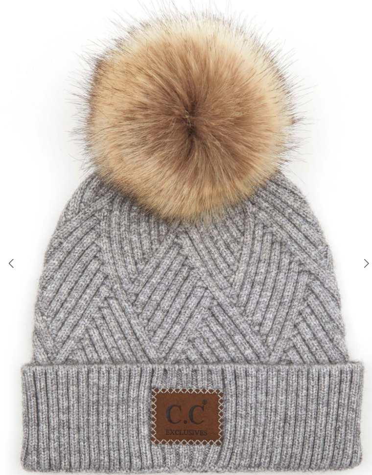 C.C Heather Beanie Pom Hat with Suede Patch