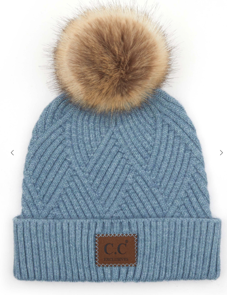 C.C Heather Beanie Pom Hat with Suede Patch