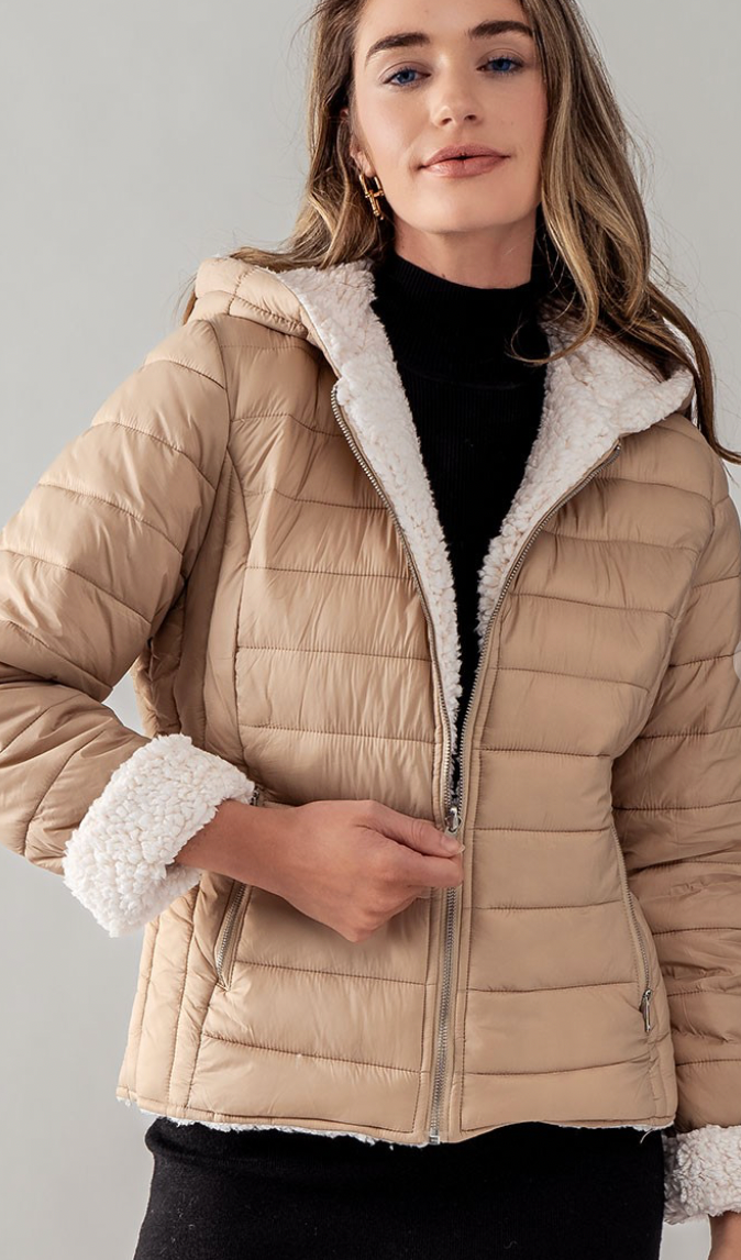 Trend Notes Reversible Sherpa Fleece Lined Puffer Jacket