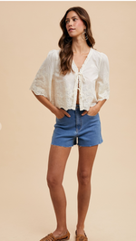 AnnieWear Floral Embroidery Tie Front Blouse