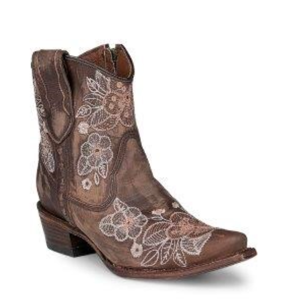 Corral Chocolate Floral Embroidery Ankle Boot