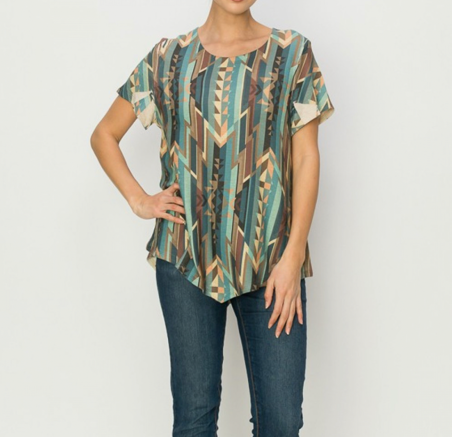 Origami Short Sleeve Top with Prints