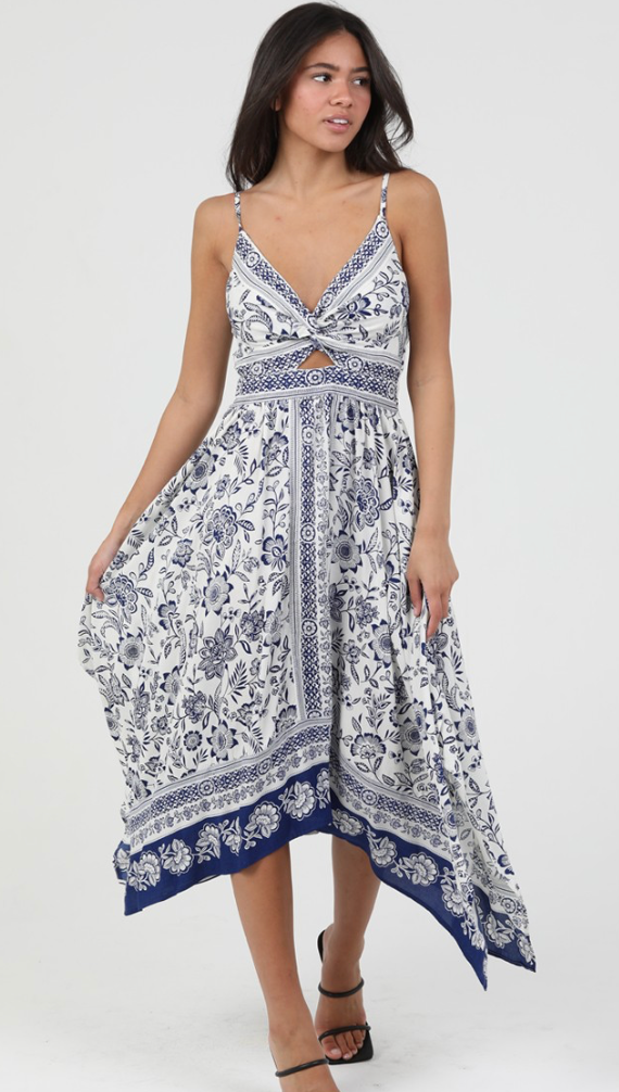 Angie V Neck Twist Front Hanky Hem Dress