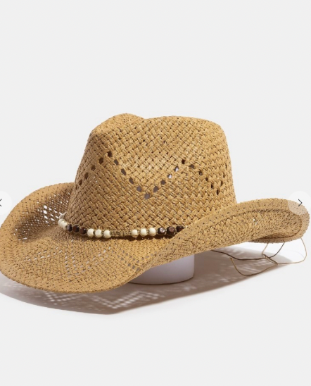 Mixed Beaded Strap Western Fedora Straw Hat