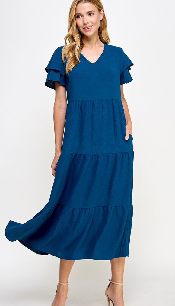 2 Hearts Solid Tiered Midi Dress