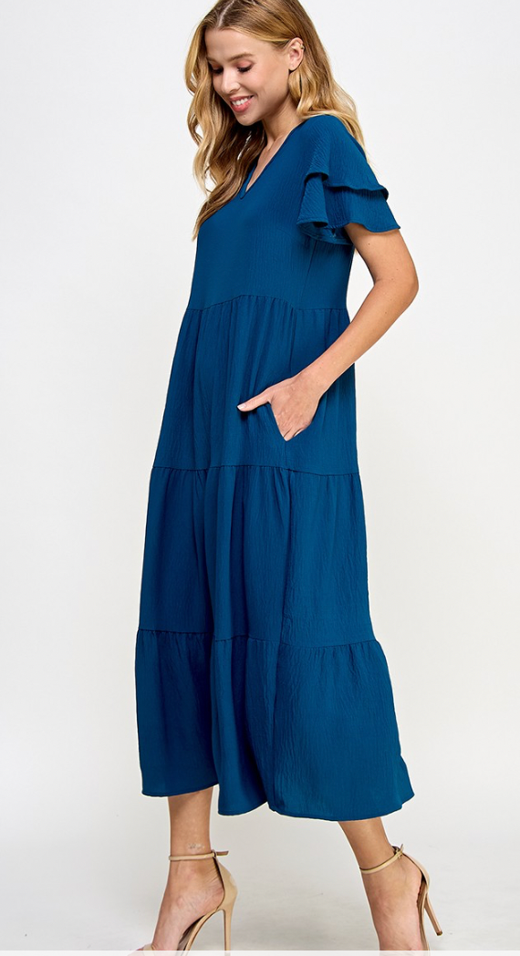 2 Hearts Solid Tiered Midi Dress