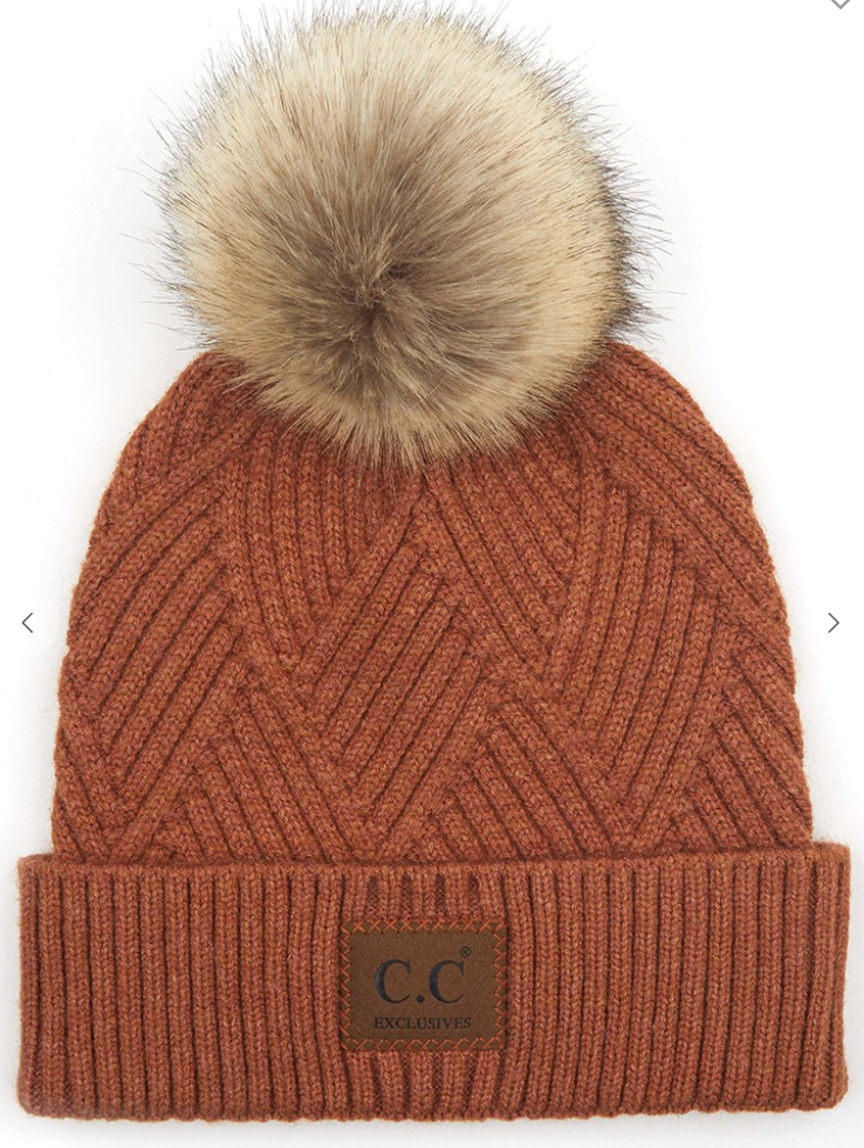 C.C Heather Beanie Pom Hat with Suede Patch