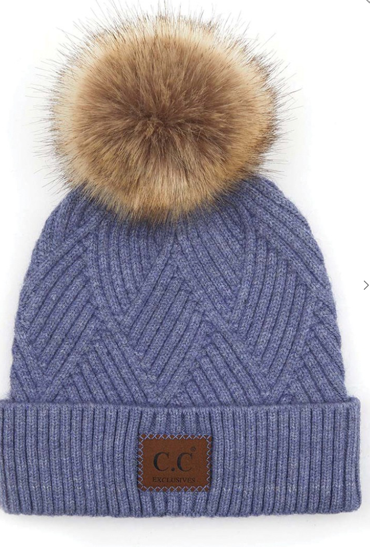 C.C Heather Beanie Pom Hat with Suede Patch