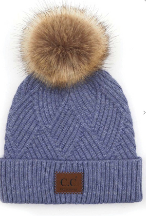 C.C Heather Beanie Pom Hat with Suede Patch