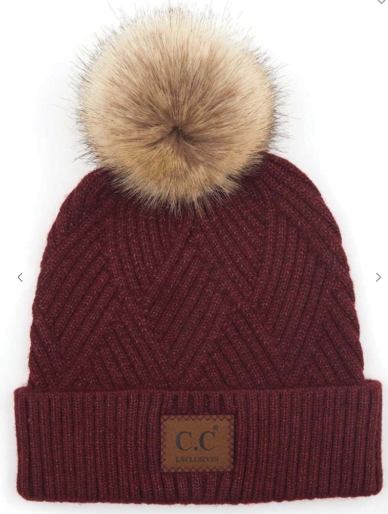 C.C Heather Beanie Pom Hat with Suede Patch