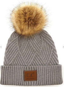 C.C Heather Beanie Pom Hat with Suede Patch