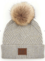 C.C Heather Beanie Pom Hat with Suede Patch