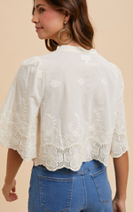 AnnieWear Floral Embroidery Tie Front Blouse